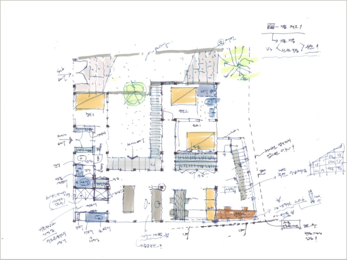 Architectural section drawing showing interior spaces and a figure for scale
